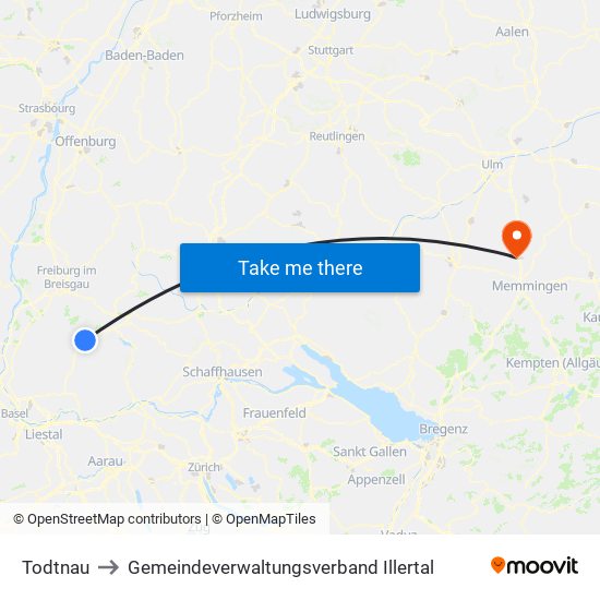 Todtnau to Gemeindeverwaltungsverband Illertal map