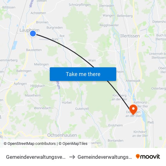 Gemeindeverwaltungsverband Laupheim to Gemeindeverwaltungsverband Illertal map