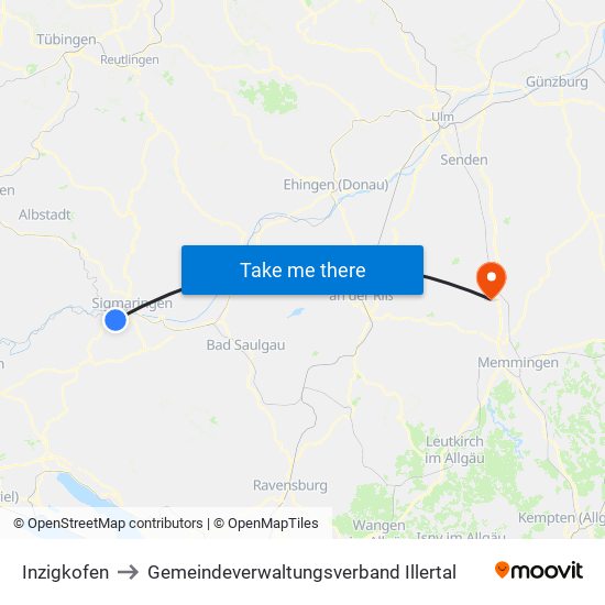 Inzigkofen to Gemeindeverwaltungsverband Illertal map