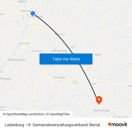 Ladenburg to Gemeindeverwaltungsverband Illertal map