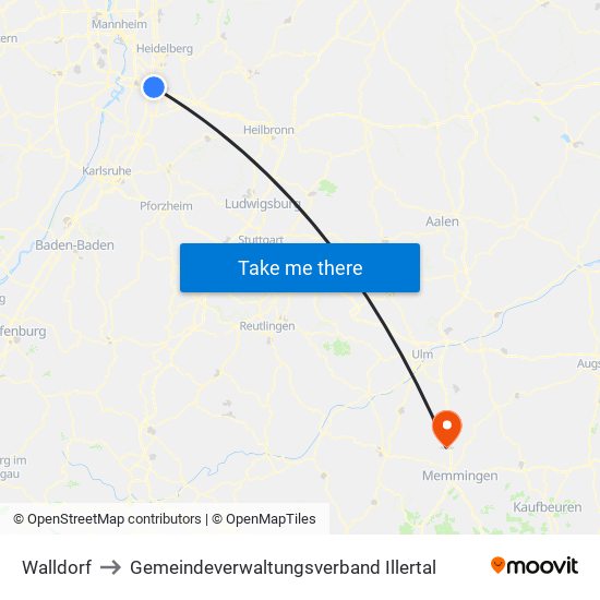 Walldorf to Gemeindeverwaltungsverband Illertal map