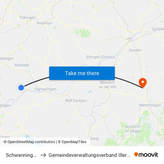 Schwenningen to Gemeindeverwaltungsverband Illertal map