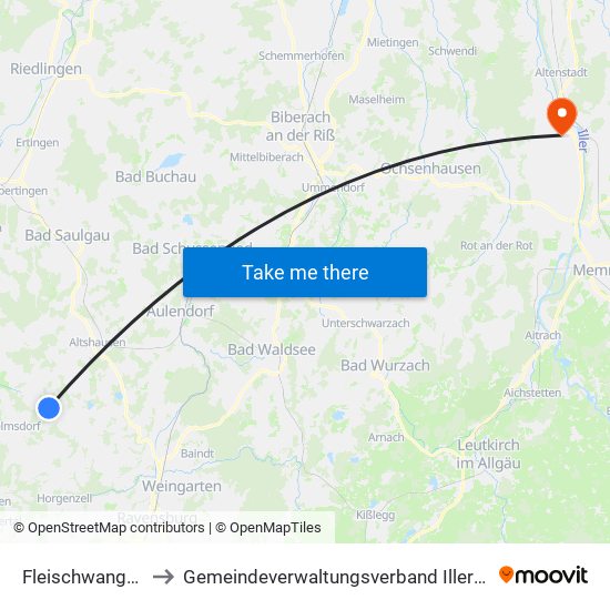 Fleischwangen to Gemeindeverwaltungsverband Illertal map