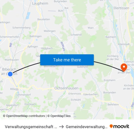 Verwaltungsgemeinschaft Biberach An Der Riß to Gemeindeverwaltungsverband Illertal map