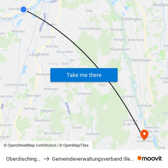 Oberdischingen to Gemeindeverwaltungsverband Illertal map