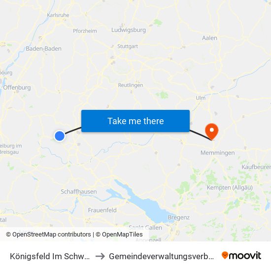 Königsfeld Im Schwarzwald to Gemeindeverwaltungsverband Illertal map