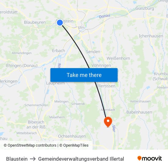 Blaustein to Gemeindeverwaltungsverband Illertal map