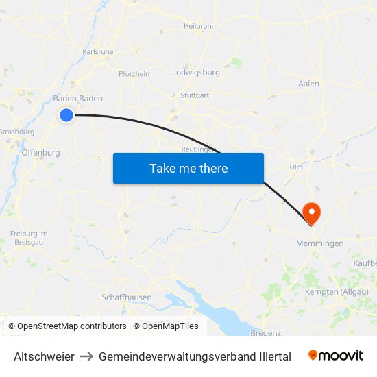 Altschweier to Gemeindeverwaltungsverband Illertal map