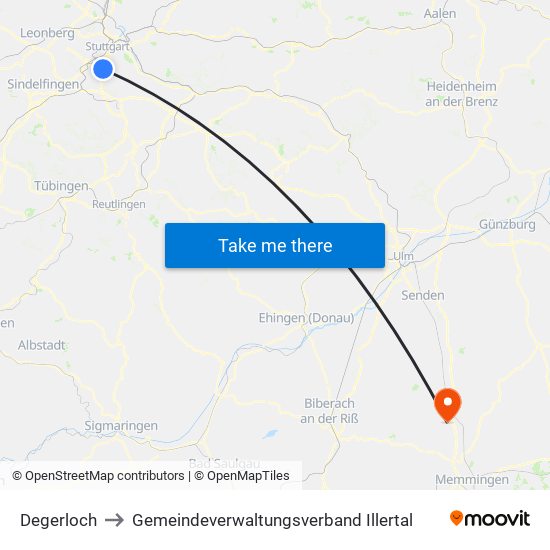 Degerloch to Gemeindeverwaltungsverband Illertal map