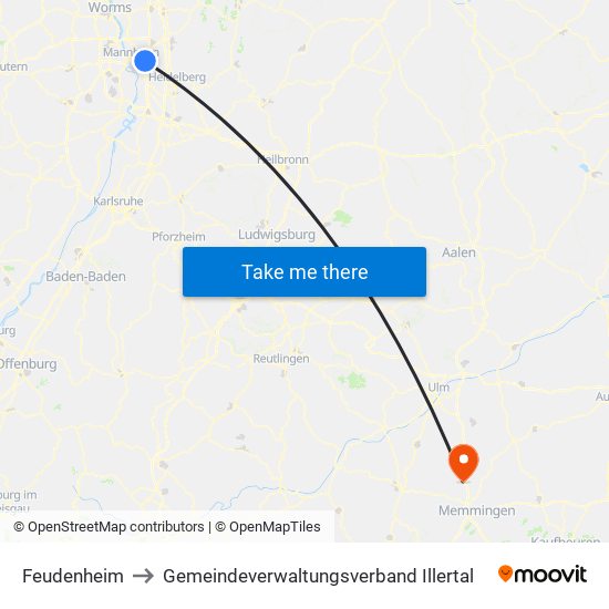 Feudenheim to Gemeindeverwaltungsverband Illertal map