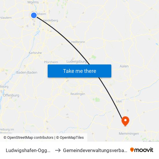 Ludwigshafen-Oggersheim to Gemeindeverwaltungsverband Illertal map