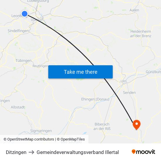 Ditzingen to Gemeindeverwaltungsverband Illertal map