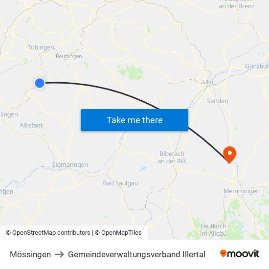 Mössingen to Gemeindeverwaltungsverband Illertal map