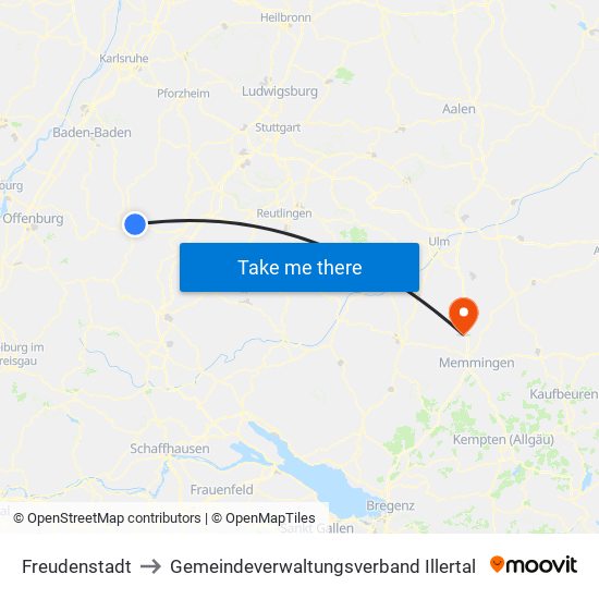 Freudenstadt to Gemeindeverwaltungsverband Illertal map