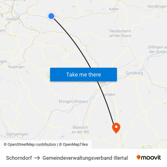 Schorndorf to Gemeindeverwaltungsverband Illertal map