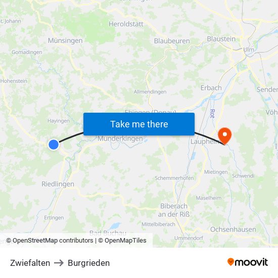 Zwiefalten to Burgrieden map