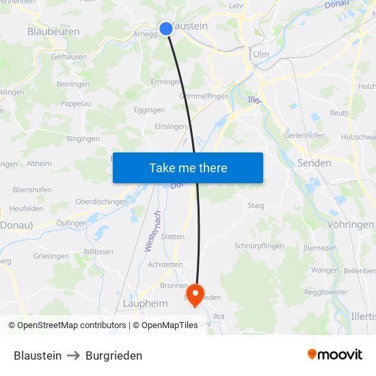 Blaustein to Burgrieden map