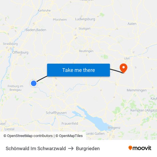 Schönwald Im Schwarzwald to Burgrieden map