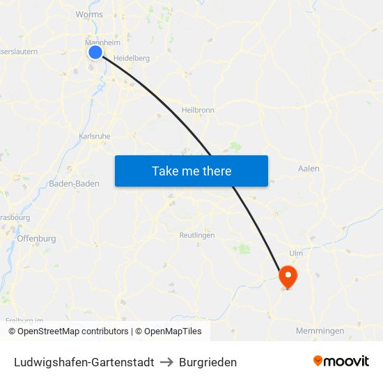 Ludwigshafen-Gartenstadt to Burgrieden map