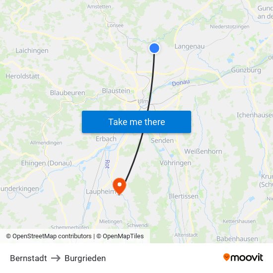 Bernstadt to Burgrieden map