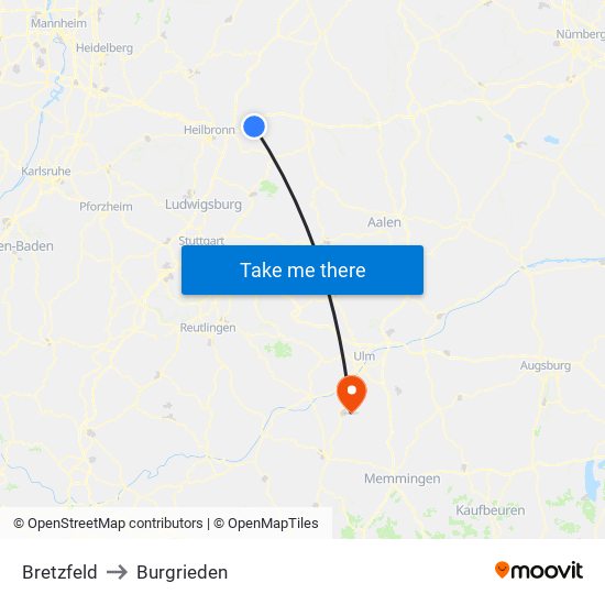 Bretzfeld to Burgrieden map