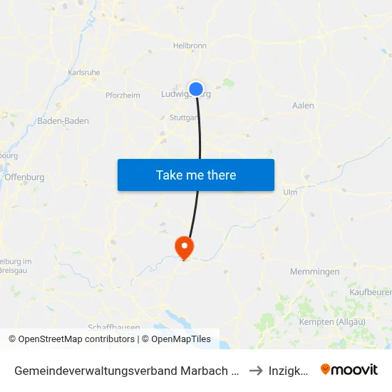 Gemeindeverwaltungsverband Marbach am Neckar to Inzigkofen map