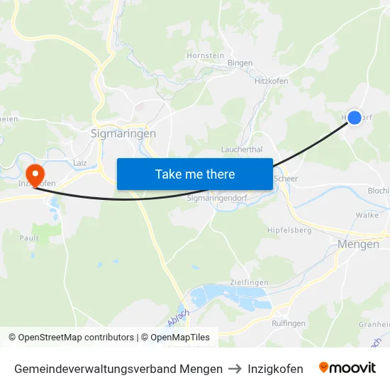 Gemeindeverwaltungsverband Mengen to Inzigkofen map