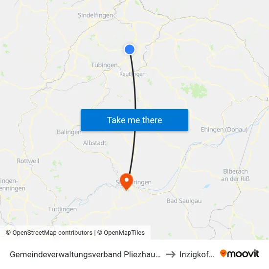 Gemeindeverwaltungsverband Pliezhausen to Inzigkofen map