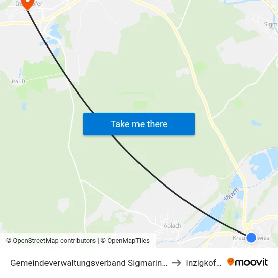 Gemeindeverwaltungsverband Sigmaringen to Inzigkofen map