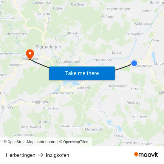 Herbertingen to Inzigkofen map