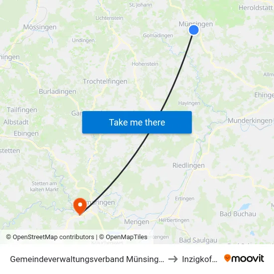 Gemeindeverwaltungsverband Münsingen to Inzigkofen map