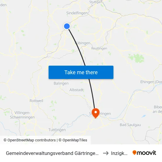Gemeindeverwaltungsverband Gärtringen/Ehningen to Inzigkofen map