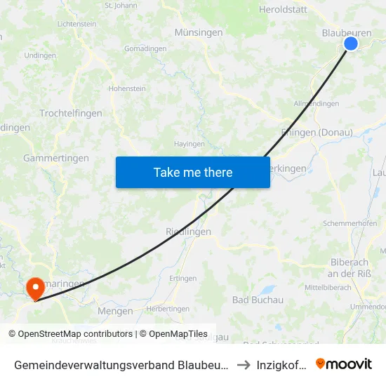 Gemeindeverwaltungsverband Blaubeuren to Inzigkofen map