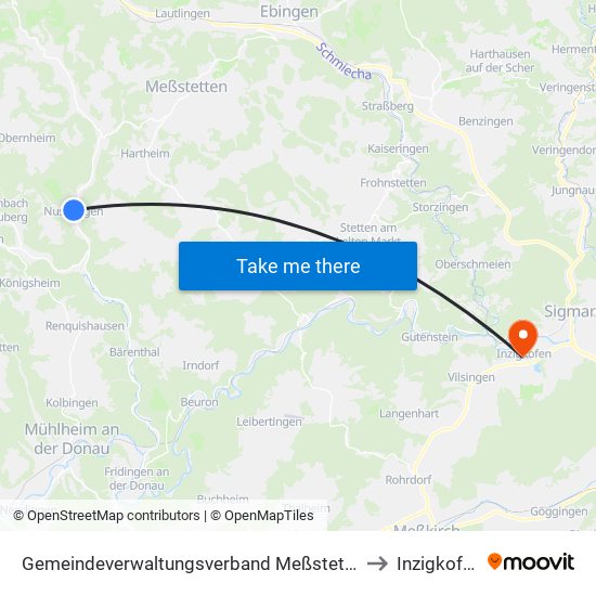 Gemeindeverwaltungsverband Meßstetten to Inzigkofen map