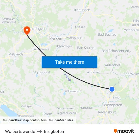 Wolpertswende to Inzigkofen map