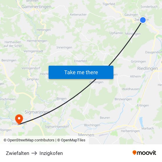 Zwiefalten to Inzigkofen map