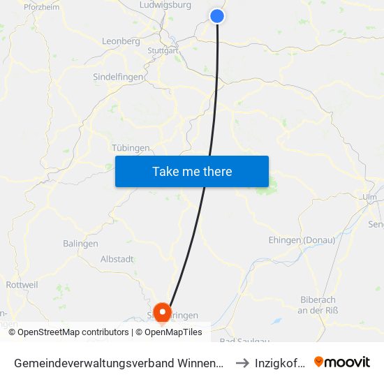 Gemeindeverwaltungsverband Winnenden to Inzigkofen map