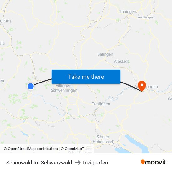 Schönwald Im Schwarzwald to Inzigkofen map