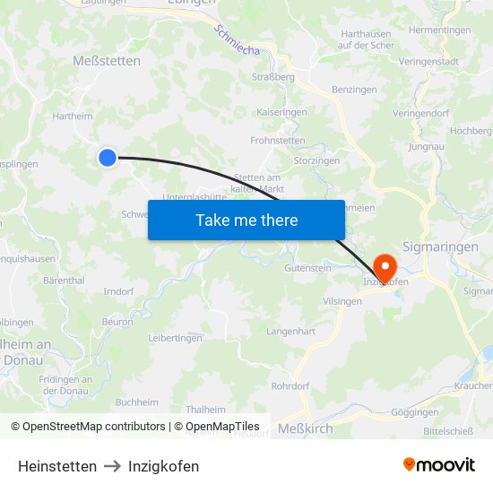 Heinstetten to Inzigkofen map