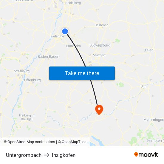 Untergrombach to Inzigkofen map