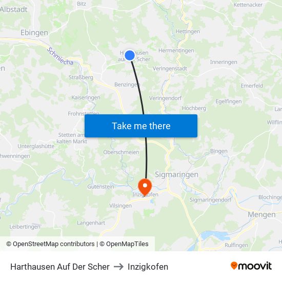 Harthausen Auf Der Scher to Inzigkofen map