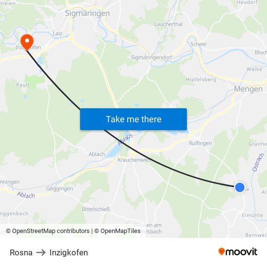 Rosna to Inzigkofen map