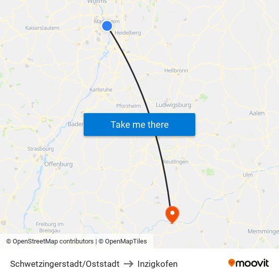 Schwetzingerstadt/Oststadt to Inzigkofen map