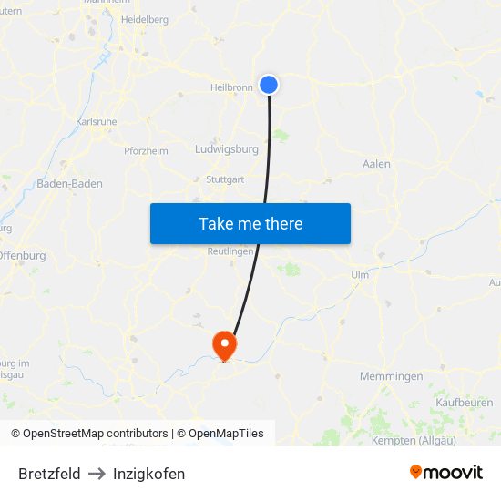 Bretzfeld to Inzigkofen map