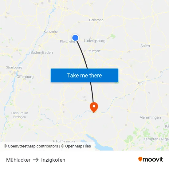 Mühlacker to Inzigkofen map