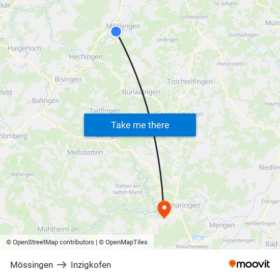 Mössingen to Inzigkofen map