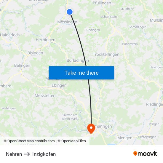 Nehren to Inzigkofen map