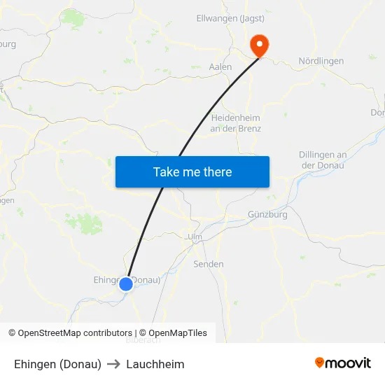 Ehingen (Donau) to Lauchheim map
