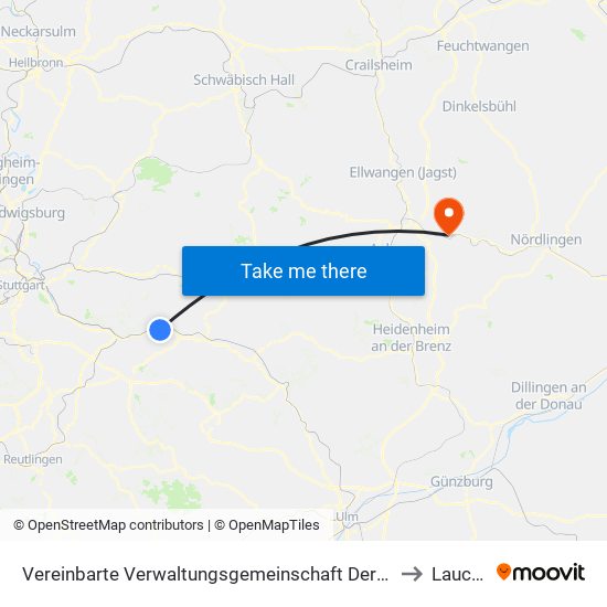 Vereinbarte Verwaltungsgemeinschaft Der Stadt Ebersbach An Der Fils to Lauchheim map