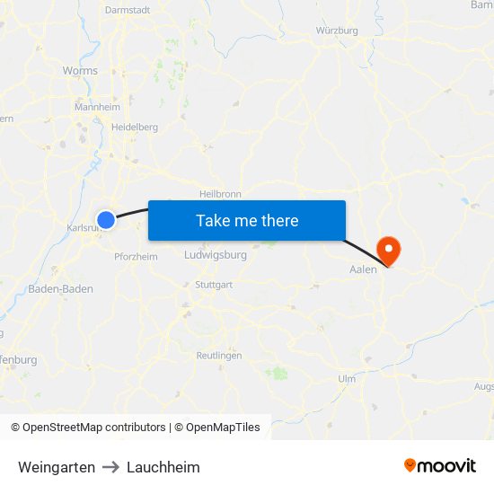 Weingarten to Lauchheim map